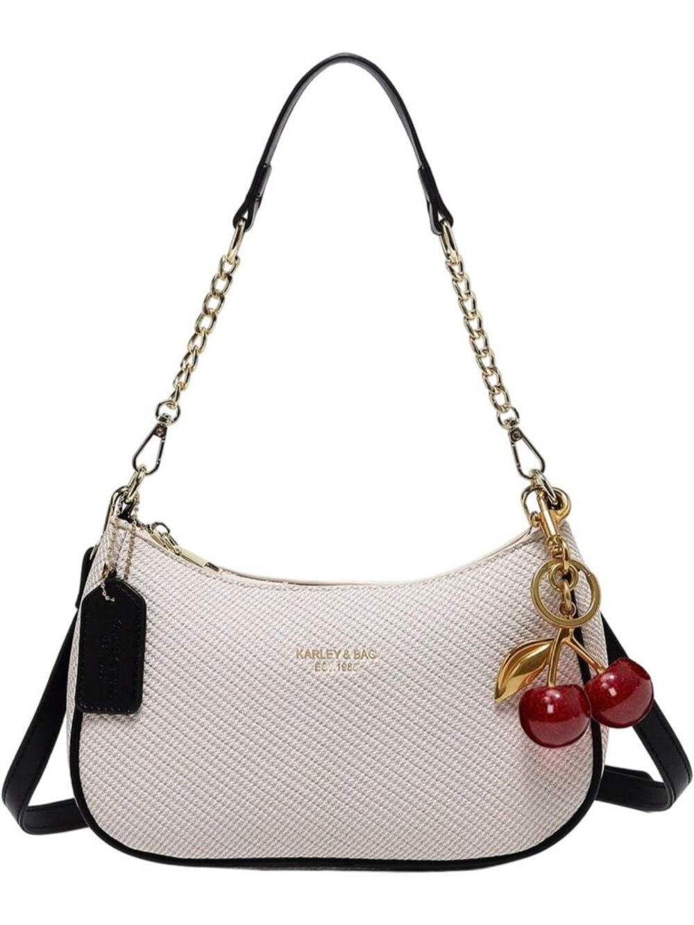 👜Women's Black White Cherry PU Leather Gold Chain Shoulder Bag Zipper Handbag